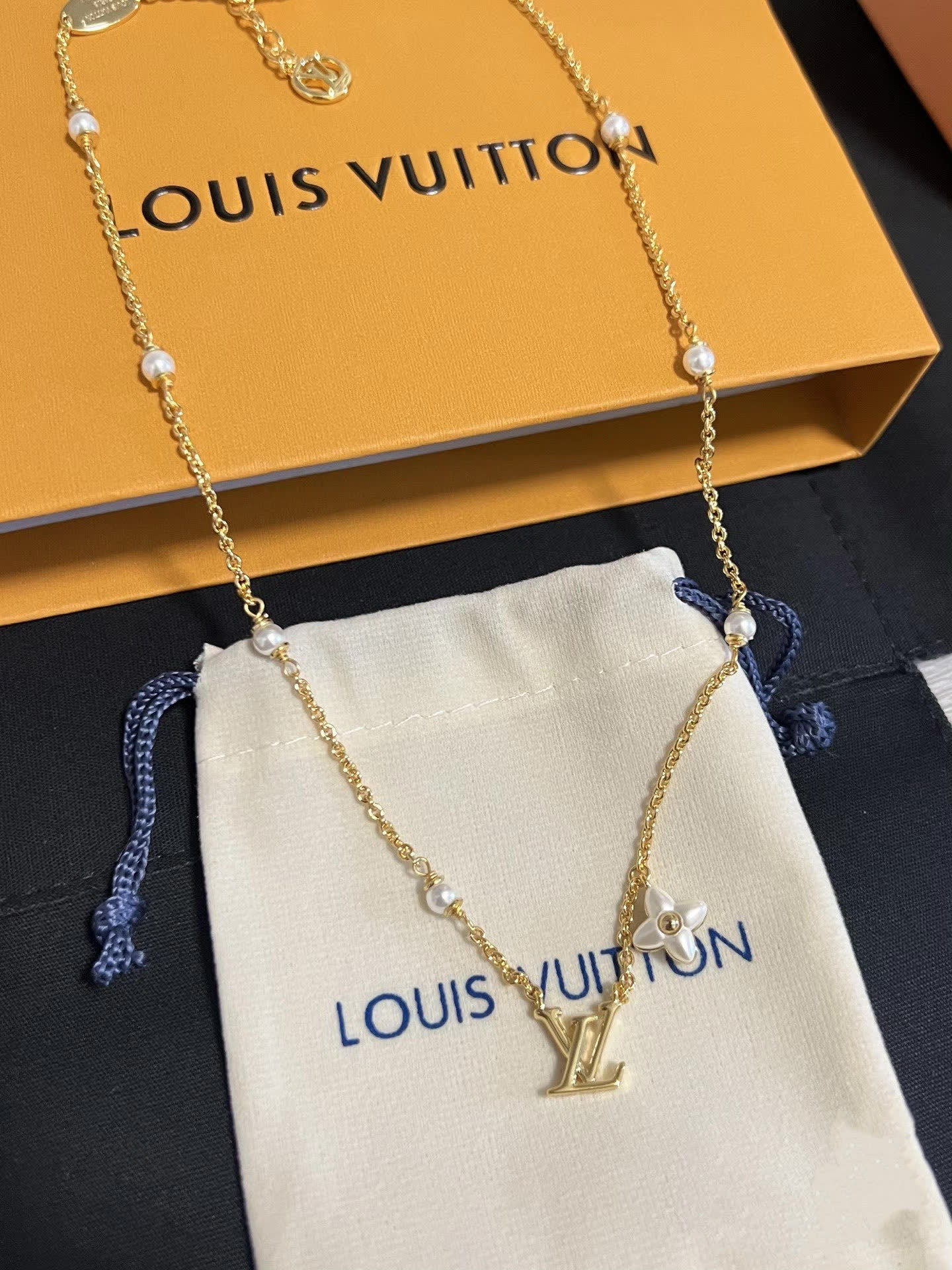 Louis Vuitton Earrings - Gold 'LV' Logo with Pearl Flower Design